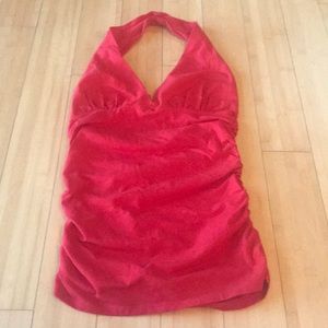 Cherry red halter tank with built in shelf bra